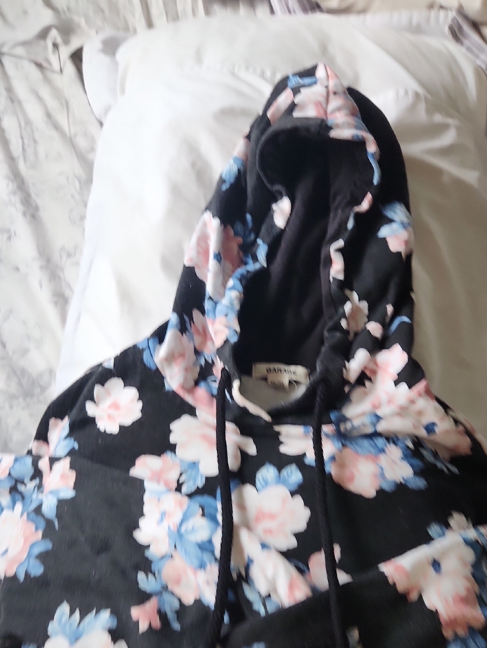 Garage Black Hoodie with Pink and Blue Floral Accents